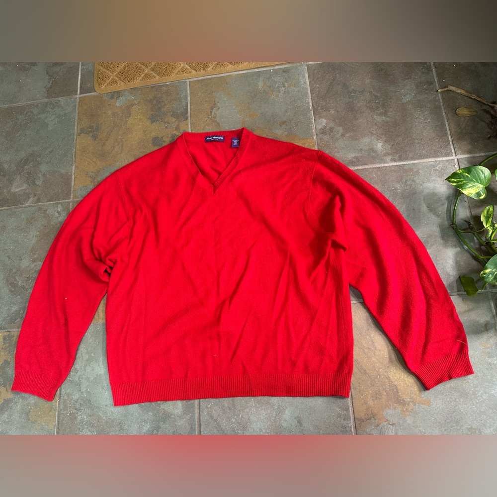 John Ashford 100% Cashmere Red Sweater Mens Soft Cozy V Neck Pullover XXL